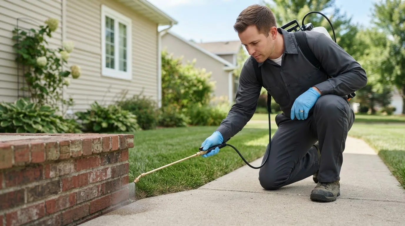 Pest control technician treating a home near Stendal, IN